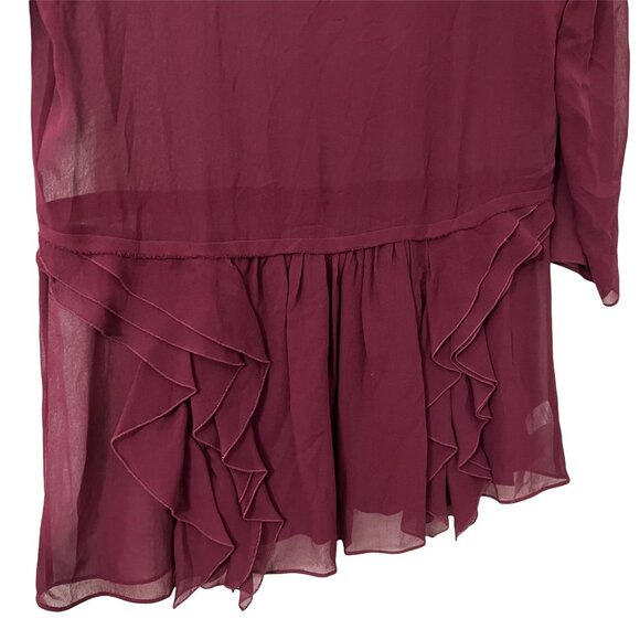 Theory Wine Burgundy Rinoda Chiffon Silk Ruffle 3/4 Sleeve Blouse Top Size Small - Picture 4 of 7